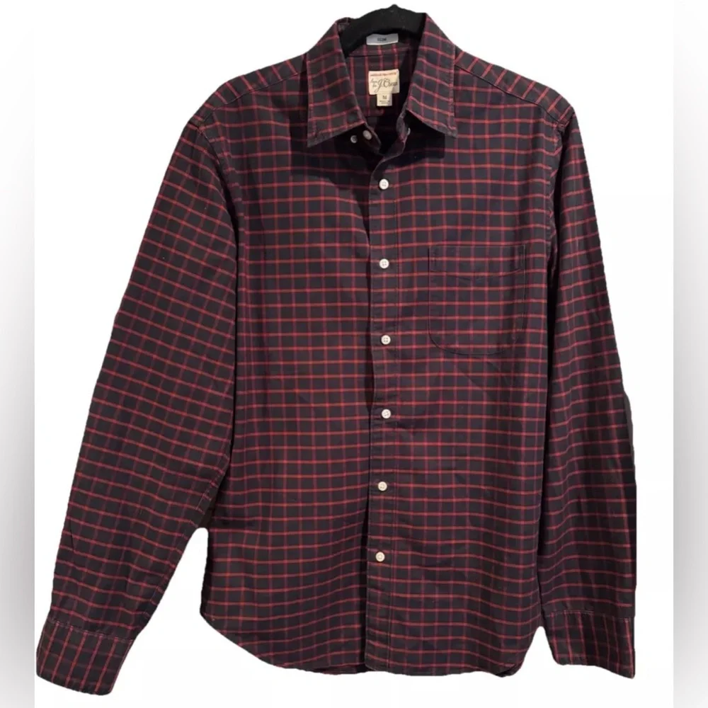 J Crew Pima Cotton Red & Navy Plaid Classic L/S Button‎ Down Size Med Slim